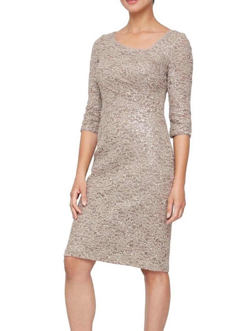 Alex Evenings L-Neck Short Sheath Sequin Cocktail Dress 4 PETITE Mocha NWT